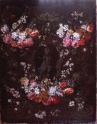 Jan Philip van Thielen Garland of flowers surrounding cherub in grisaille oil painting artist